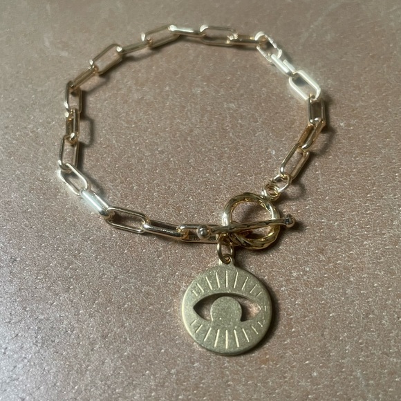 Gold plated bracelet w brass 🧿 evil eye charm link pendant - Picture 4 of 6